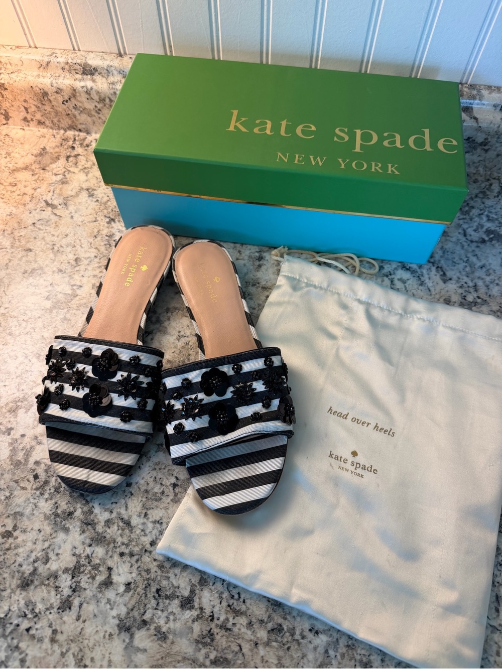 kate spade Black and White Striped Alice Embellished Slide Sandals Box Dust Bag